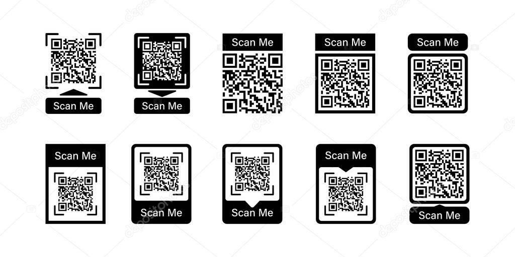 Qr code frame vector set. Scan me phone tag.  Barcode smartphone id icon. Cellphone qrcode banner. Mobile payment and identity on white background.