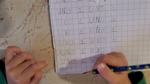 Pequeño niño manos escritura, vista superior mientras hace la tarea de la escuela, educación — Vídeo de stock