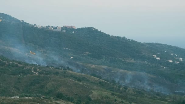 Tűzoltó kanadai repülőgép osztály helikopter dolgozik nyári rosszindulatú lángok természet menteni, 4k vészhelyzet — Stock videók