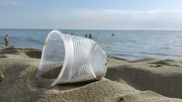 Verre plastique jetable rejeté sur l'écosystème de la côte de la mer de sable, pollution de la nature — Video