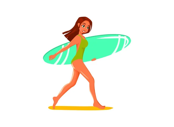 女孩与冲浪板。冲浪 — 图库矢量图片