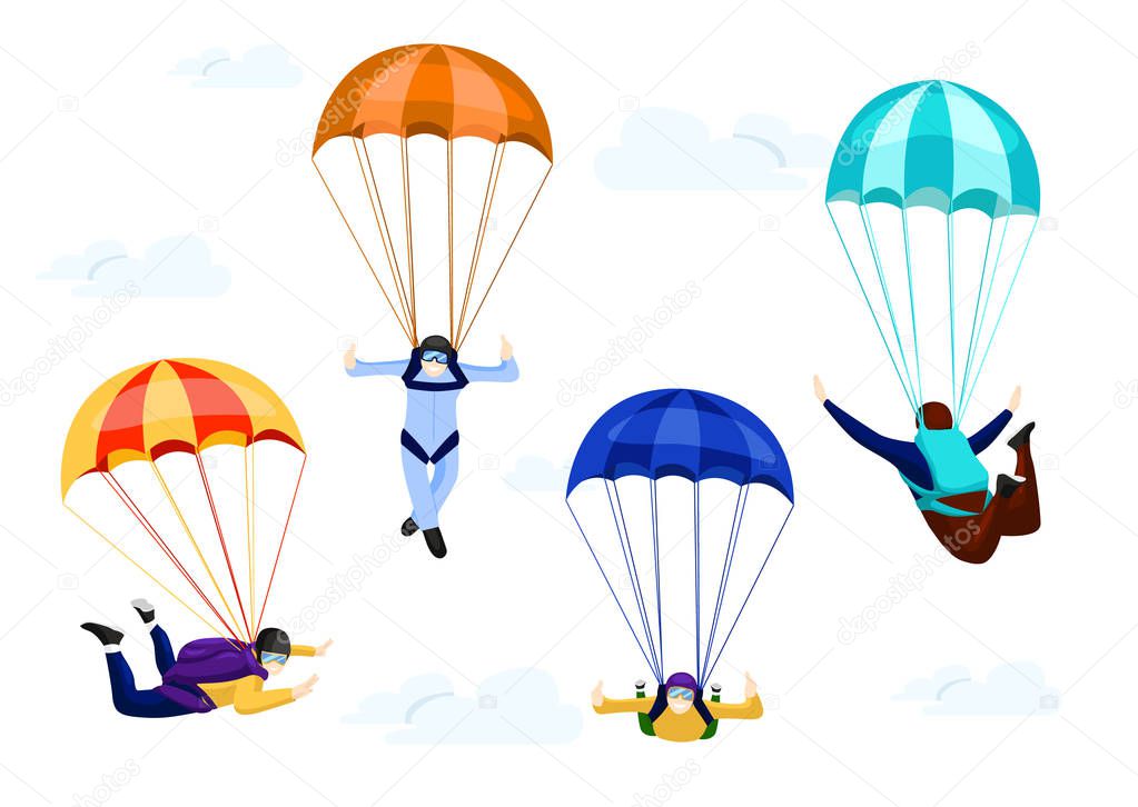 Flat vector set of professional skydivers.