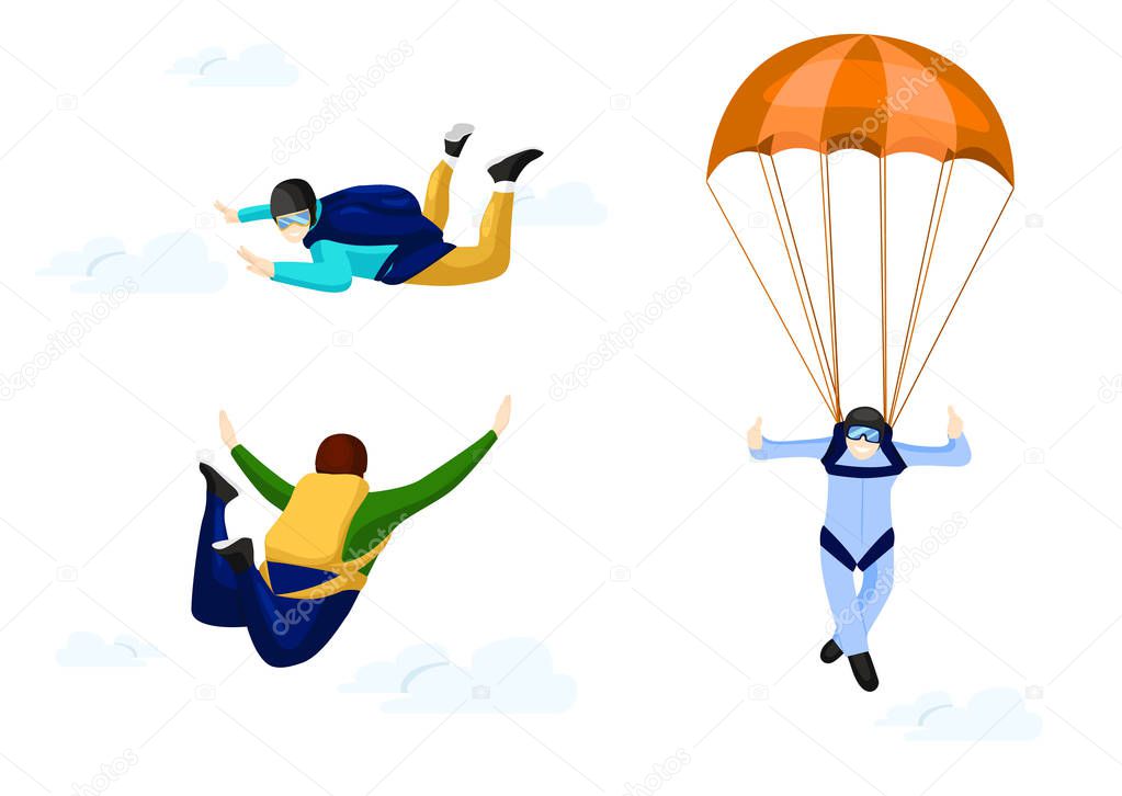 Flat vector set of professional skydivers.