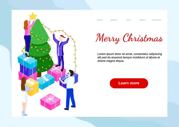Happy people decorate Christmas tree — Stock Vector