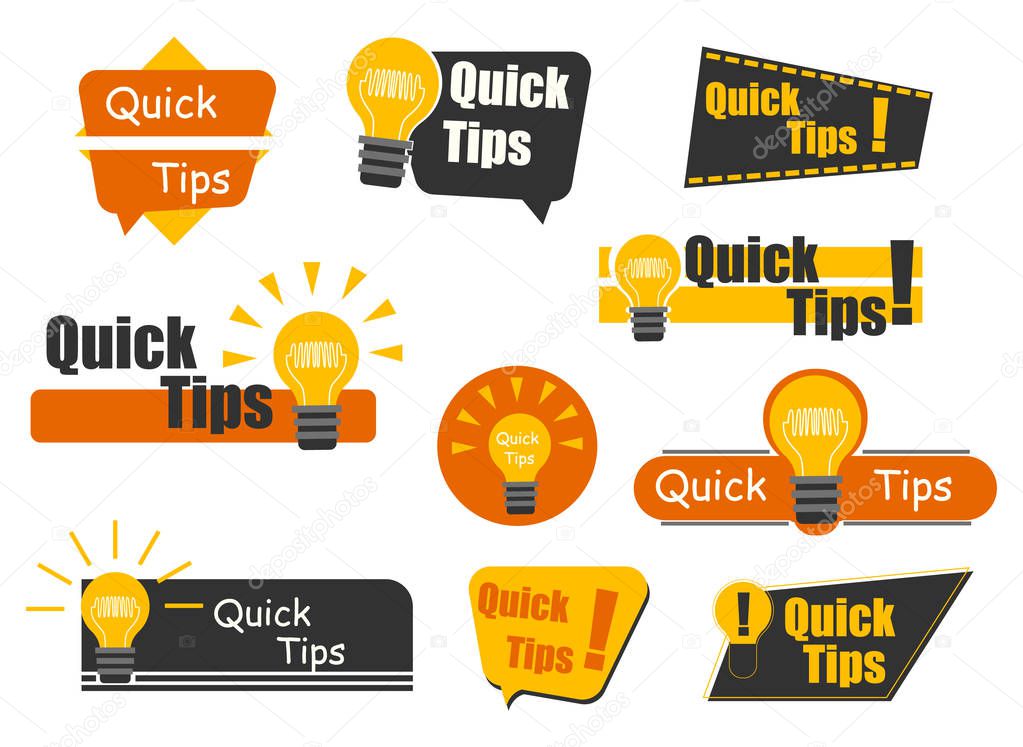 Quick Tips badge with light bulb and speech bubble. Trendy flat vector on white background. Quick tips, hint, helpful tricks, tooltip for website. Vector Illustration.