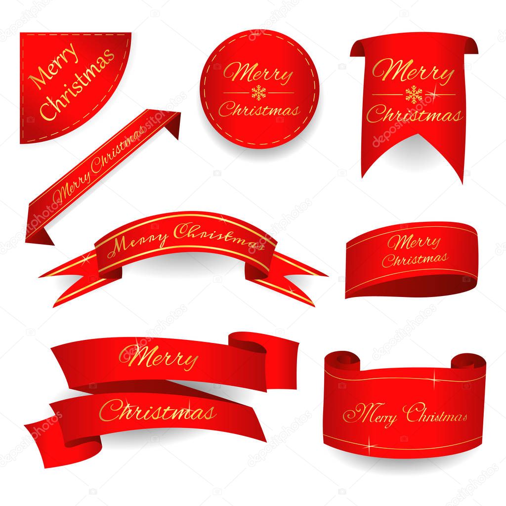 Merry christmas on a red scroll. Vector illustration.
