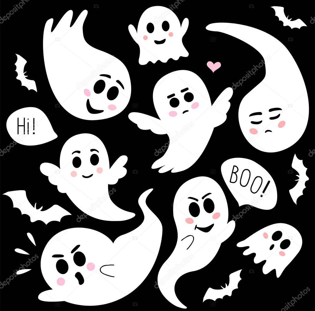 White Ghost. Cute Halloween ghost with speech bubble. Boo. Vector illustration