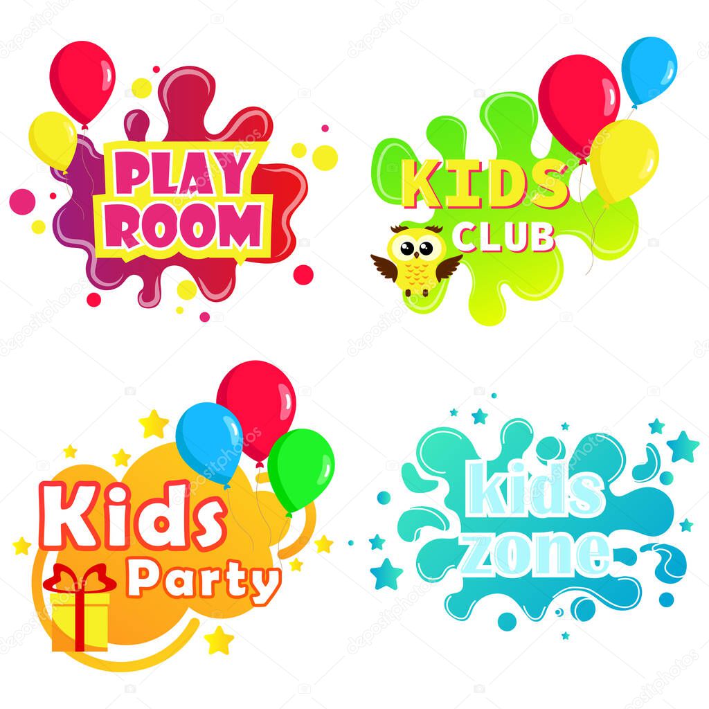 Kids club posters. Toys fun playing zone, children games party and play area poster. Children Playground. Colorful logos.