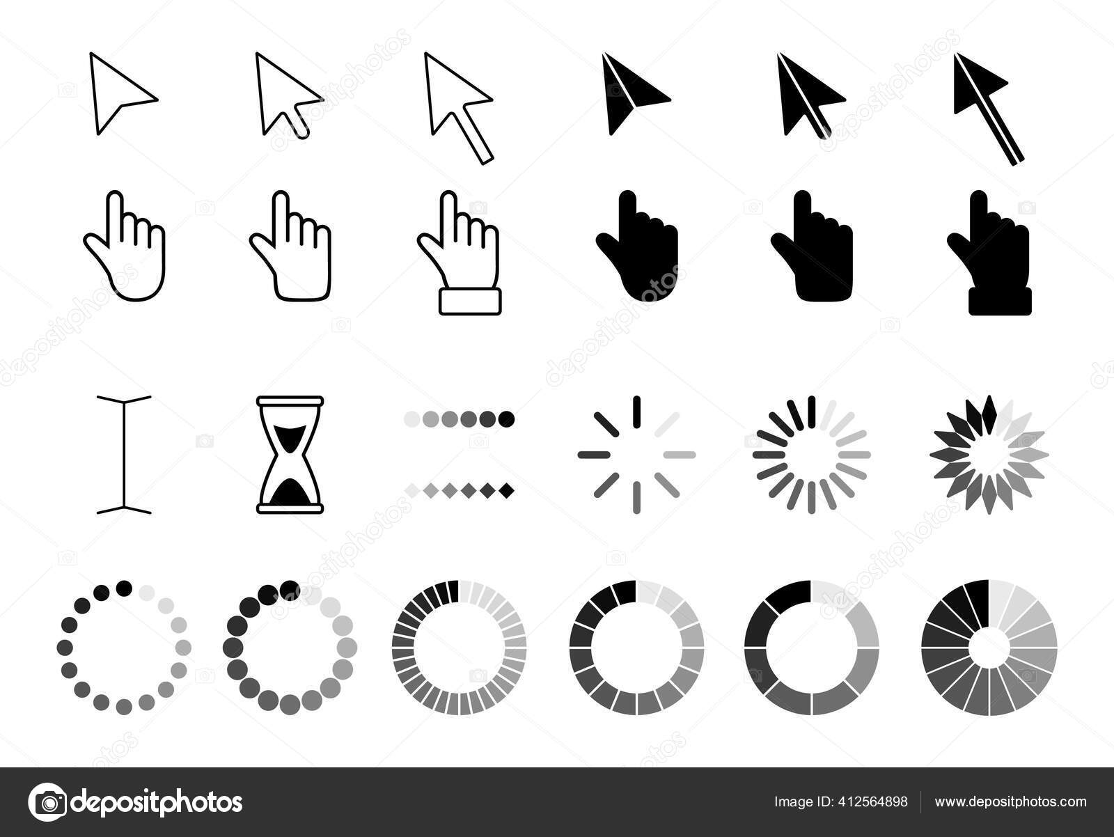 Mouse click cursor set. Hand Cursor. Click icon. Mouse pointer set. Arrow  cursor. Pointer click icon. Clicking cursor, pointing hand clicks and  waiting loading icons. Website arrows or hand icon. Stock Illustration