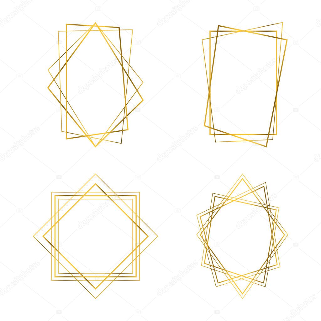 Geometrical polyhedron. Gold frames. Art deco style design for wedding card, invitations, logo, book cover, art decoration, and poster.
