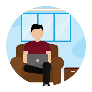 Adam evde çalışıyor.