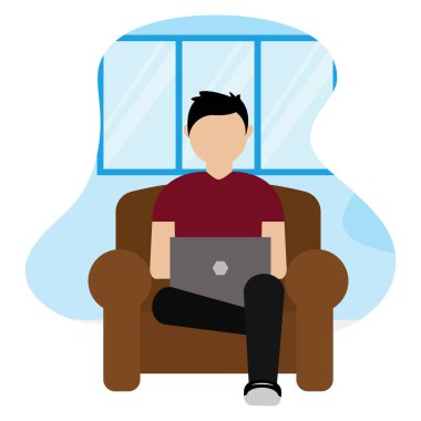 Adam evde çalışıyor.