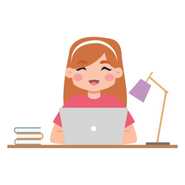 Kız evde ders çalışıyor.