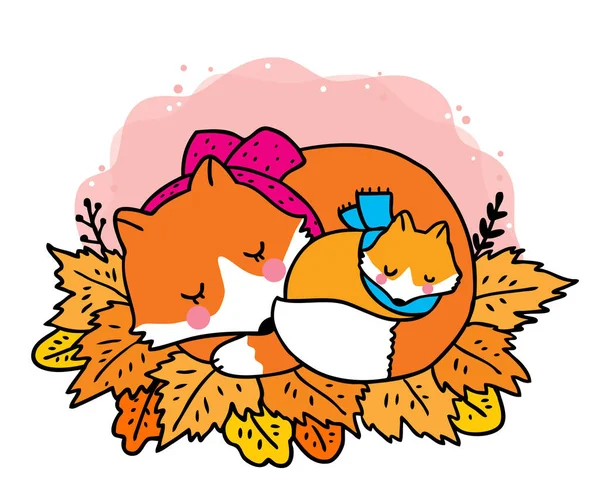 Cartoon Niedlicher Herbst Entzückende Mama Und Baby Füchse Auf Orangefarbenem — Stockvektor