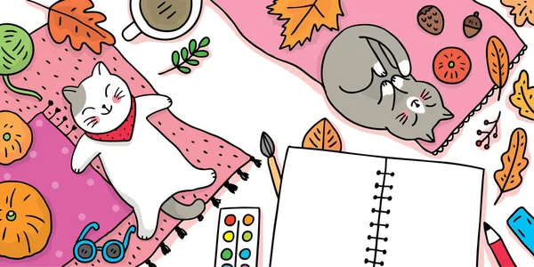 Мультфильм Симпатичный Autumn Кошки Топового Вида Спящие Ковре — стоковый вектор