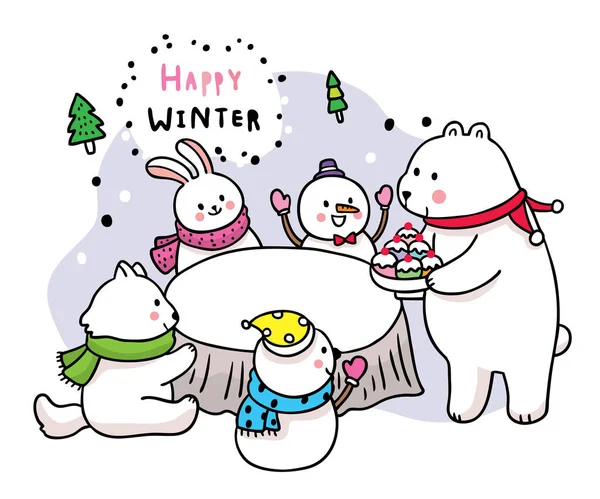 卡通可爱的冬天 熊和兔子 狐狸和雪人冰淇淋派对病媒 — 图库矢量图片