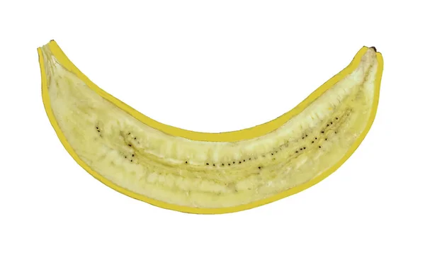 Gele banaan, in de lengte gesneden op witte achtergrond, groene — Stockfoto