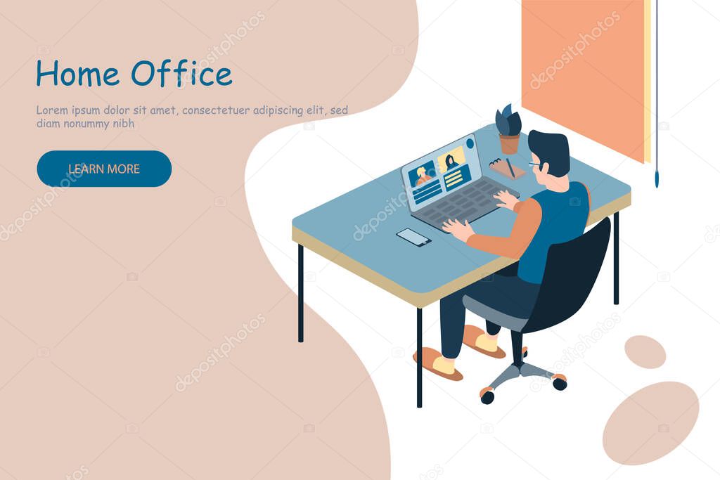 Man Working at Home Office. Character Sitting at Desk in Room, Looking at Computer Screen and Talking with Colleagues Online. Work from home Concept. Flat Isometric Vector Illustration.