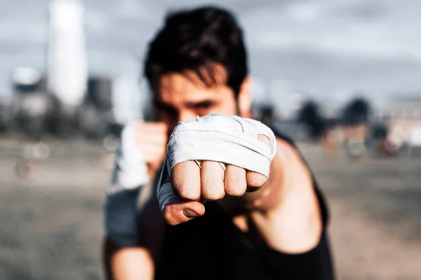 Closeup Boxer Fist Wrapped Bandage Outdoor Training Sport Healthy Lifestyle — Stock Photo, Image