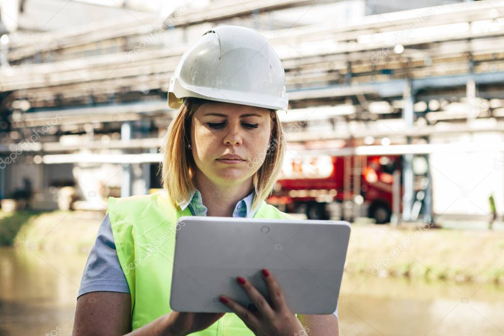 female worker outdoors in a factory holding a tablet. women occupations and industrial jobs concept