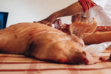 Bir domuz leşini kesen bir kasabın yakınına.