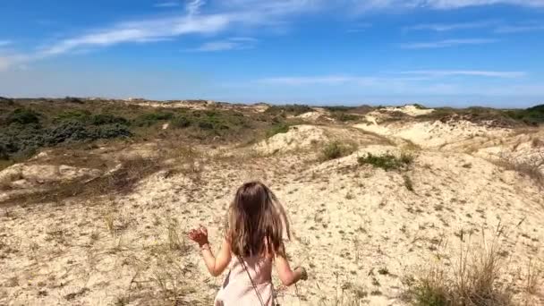 Meisje Wandelen Duinen Zomervakantie Kind Natuur Met Zand Blauwe Lucht — Stockvideo