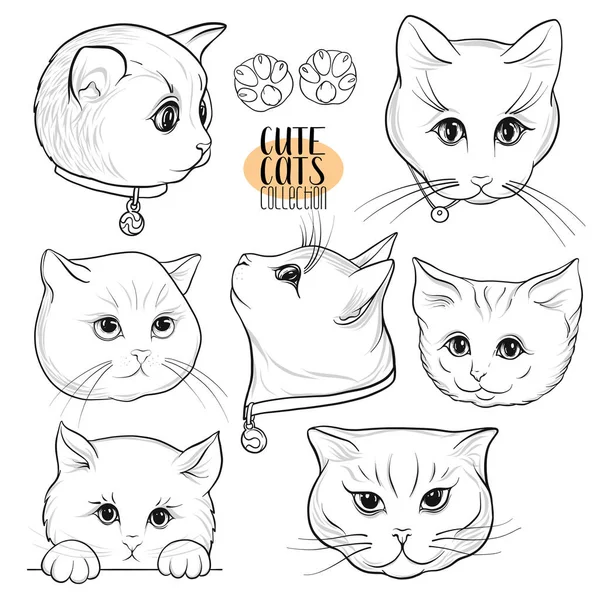 Set of cute cats with different emotions. Outline hand drawing. — Stock Vector