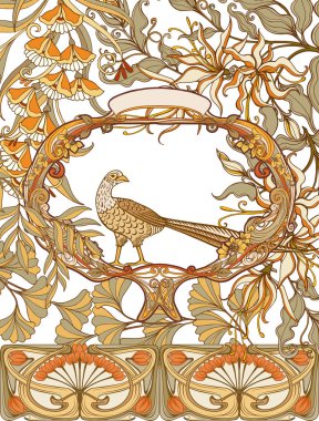 Poster, dekoratif çiçek ve kuş art nouveau tarzında, vintage, eski, retro tarzı ile arka plan. 