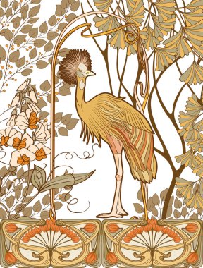 Poster, dekoratif çiçek ve kuş art nouveau tarzında, vintage, eski, retro tarzı ile arka plan. 