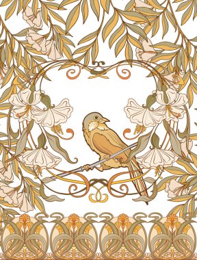 Poster, dekoratif çiçek ve kuş art nouveau tarzında, vintage, eski, retro tarzı ile arka plan. 