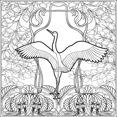 Poster art nouveau tarzında dekoratif çiçek ve sazan balık ile. İçin yetişkin boyama kitabı sayfası