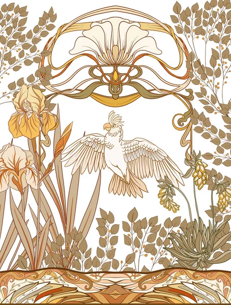 Αφίσα, φόντο με διακοσμητικά λουλούδια και πουλιά σε στιλ αρ νουβό, παλιάς χρονολογίας, παλιά, ρετρό στυλ. — Διανυσματικό Αρχείο