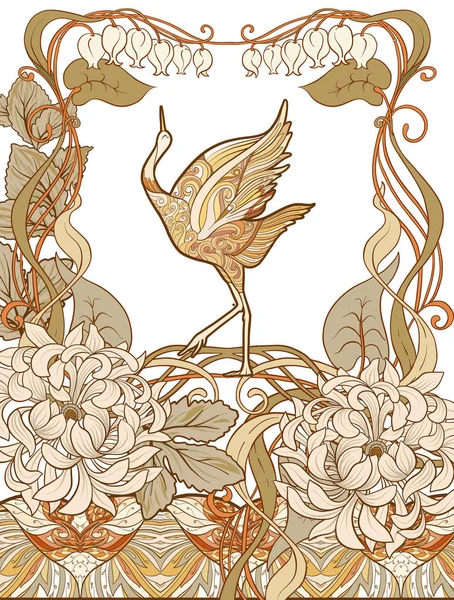 Póster, fondo con flores decorativas y pájaro en estilo art nouveau, vintage, viejo, estilo retro . — Archivo Imágenes Vectoriales