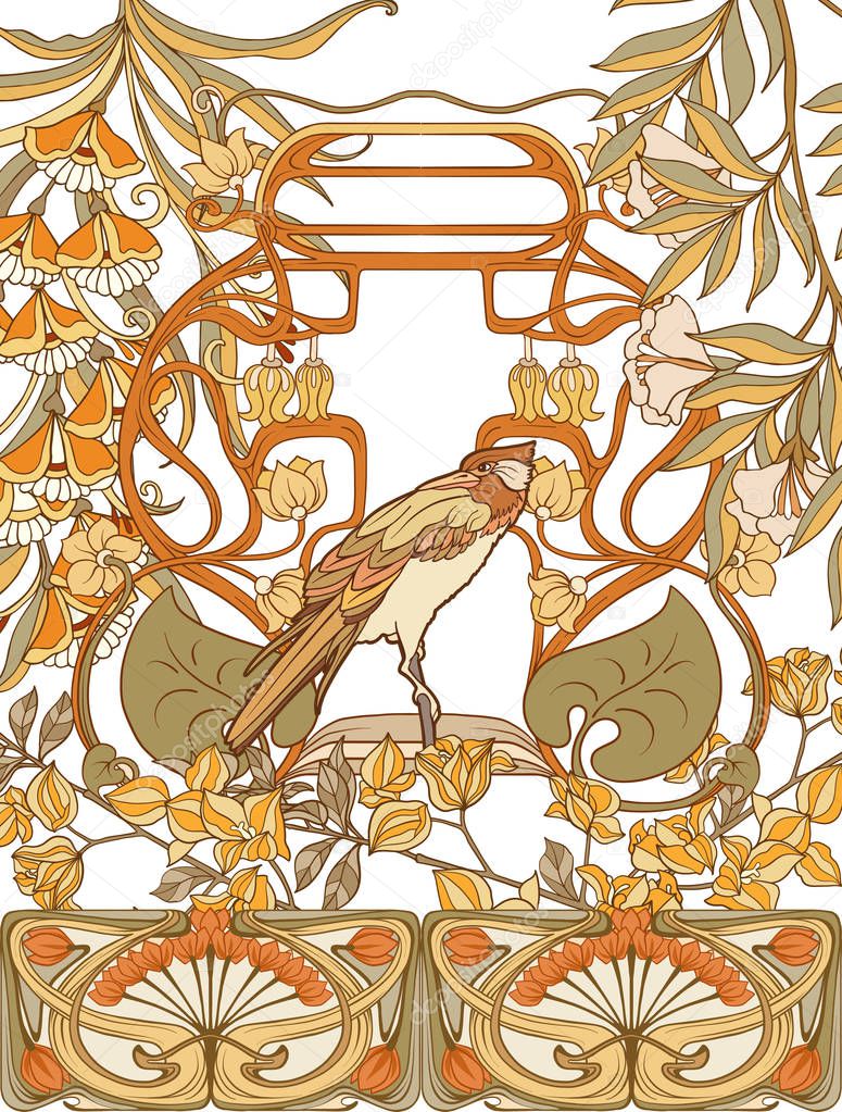 Poster, background with decorative flowers and bird in art nouveau style, vintage, old, retro style. 