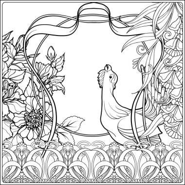 Poster art nouveau tarzında dekoratif çiçek ve sazan balık ile. İçin yetişkin boyama kitabı sayfası