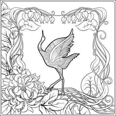 Poster art nouveau tarzında dekoratif çiçek ve sazan balık ile. İçin yetişkin boyama kitabı sayfası