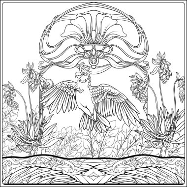 Poster art nouveau tarzında dekoratif çiçek ve sazan balık ile. İçin yetişkin boyama kitabı sayfası