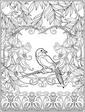 Poster art nouveau tarzında dekoratif çiçek ve sazan balık ile. İçin yetişkin boyama kitabı sayfası