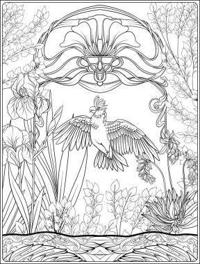 Poster art nouveau tarzında dekoratif çiçek ve sazan balık ile. İçin yetişkin boyama kitabı sayfası