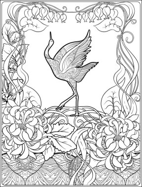 Poster art nouveau tarzında dekoratif çiçek ve sazan balık ile. İçin yetişkin boyama kitabı sayfası