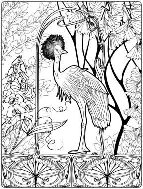 Poster art nouveau tarzında dekoratif çiçek ve sazan balık ile. İçin yetişkin boyama kitabı sayfası