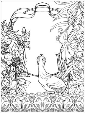 Poster art nouveau tarzında dekoratif çiçek ve sazan balık ile. İçin yetişkin boyama kitabı sayfası