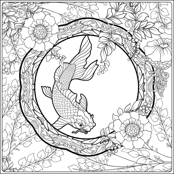 Poster with decorative flowers and carp fish in art nouveau style. Page for the adult coloring book — Stock Vector
