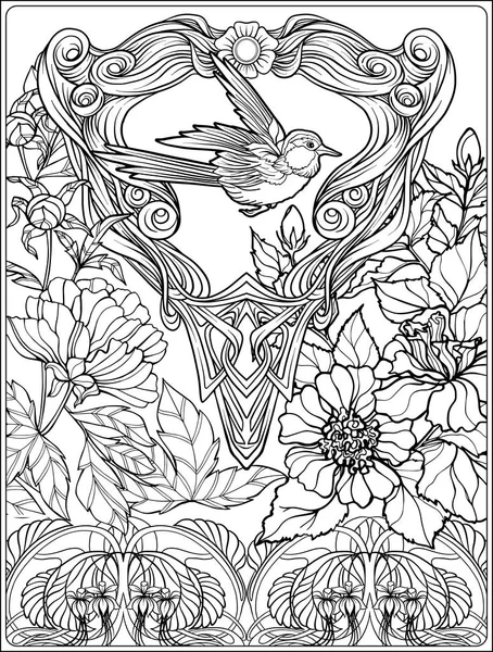 Αφίσα με διακοσμητικά λουλούδια και carp ψάρια σε στιλ αρ νουβό. Σελίδα για τα ενήλικα χρωματίζοντας βιβλίο — Διανυσματικό Αρχείο
