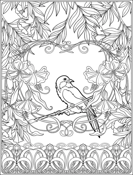 Poster with decorative flowers and carp fish in art nouveau style. Page for the adult coloring book — Stock Vector