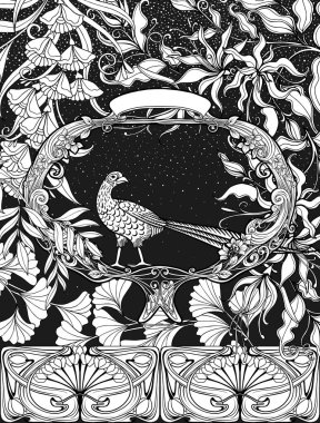 Poster, background with decorative flowers and bird in art nouveau style. Black-and-white graphics. clipart