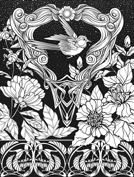 Poster, Hintergrund mit dekorativen Blumen und Vogel im Jugendstil. Schwarz-Weiß-Grafik. — Stockvektor