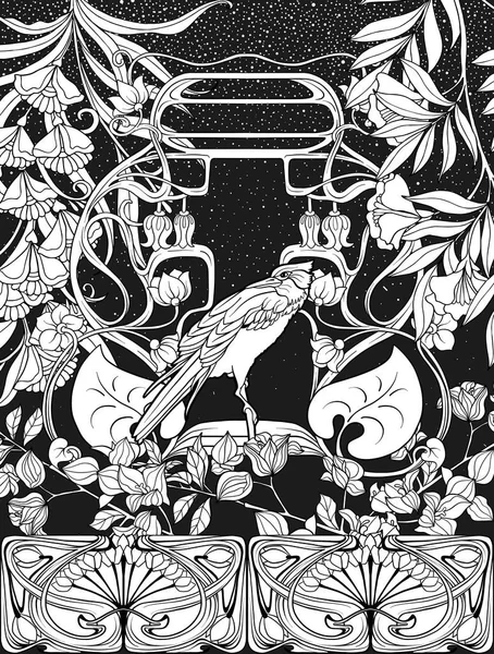 Αφίσα, φόντο με διακοσμητικά λουλούδια και πουλιά σε στιλ αρ νουβό. Ασπρόμαυρων γραφικών. — Διανυσματικό Αρχείο