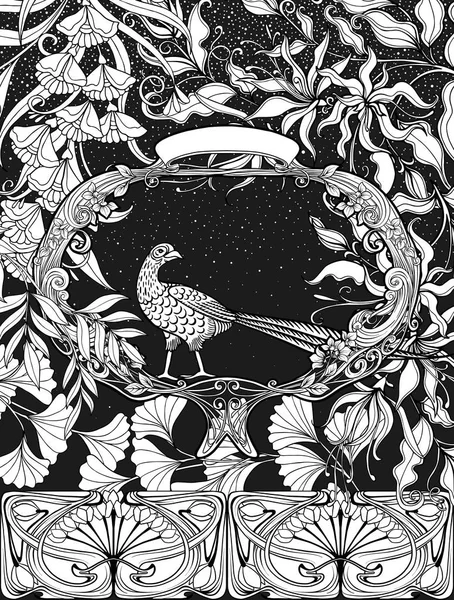Poster, background with decorative flowers and bird in art nouveau style. Black-and-white graphics. — Stock Vector