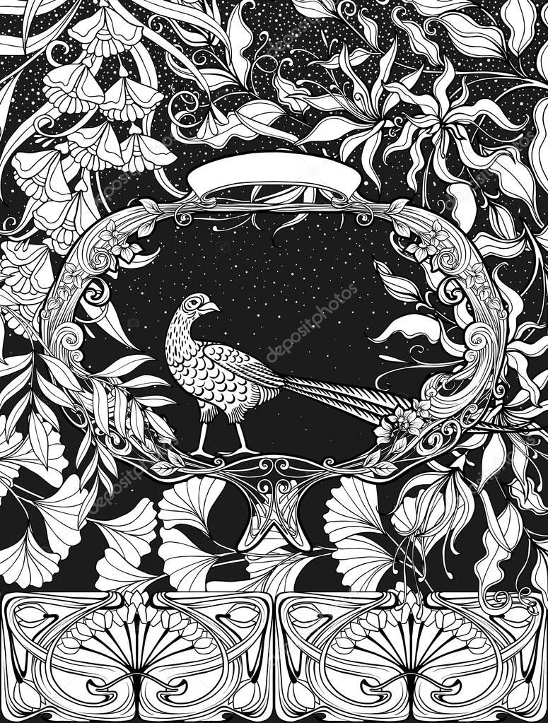 Poster, background with decorative flowers and bird in art nouveau style. Black-and-white graphics.